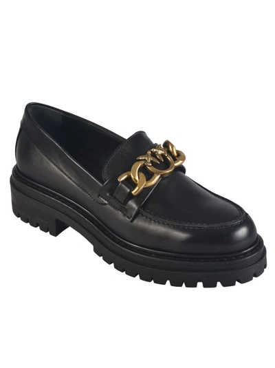 Shop Pinko Chain-detail Leather Loafers In Black