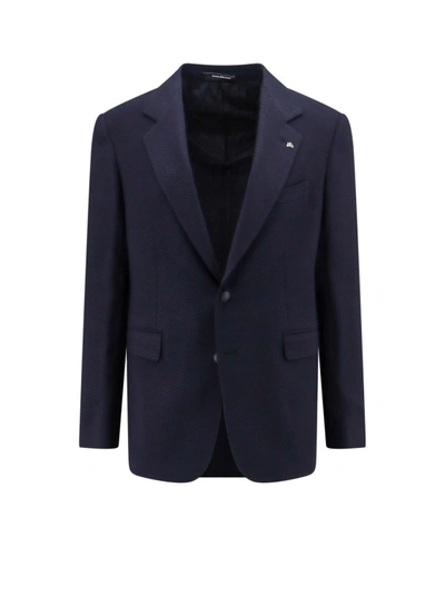 Shop Tagliatore Wool Blend Blazer With Metal Brooch In Blue