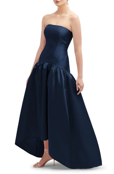 Shop Alfred Sung Strapless High-low Satin Gown In Midnight