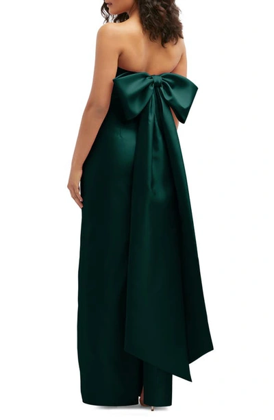 Alfred Sung Strapless Bow Back Satin Column Gown In Evergreen
