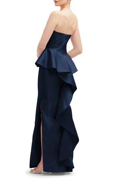 Shop Alfred Sung Strapless Ruffle Peplum Satin Column Gown In Midnight