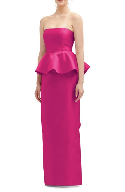 Shop Alfred Sung Strapless Ruffle Peplum Satin Column Gown In Think Pink
