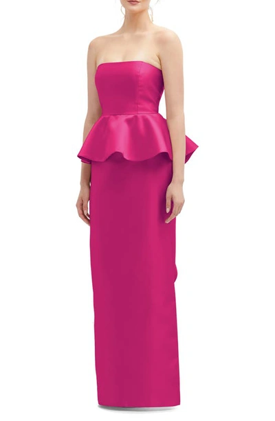 Alfred Sung Strapless Ruffle Peplum Satin Column Gown In Think Pink