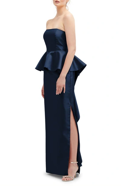 Alfred Sung Strapless Ruffle Peplum Satin Column Gown In Midnight