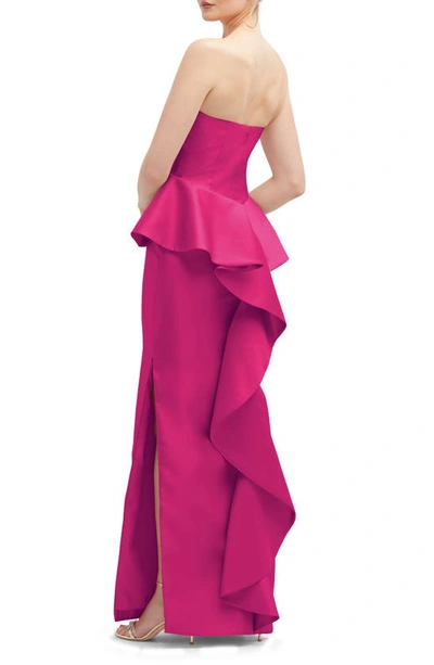 Alfred Sung Strapless Ruffle Peplum Satin Column Gown In Think Pink