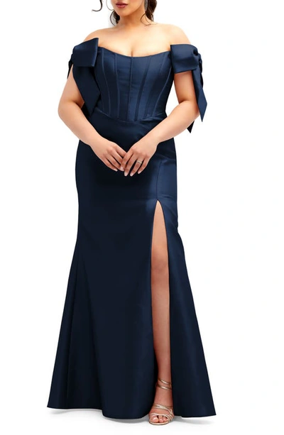 Shop Alfred Sung Off The Shoulder Bow Corset Satin Trumpet Gown In Midnight