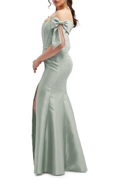 Shop Alfred Sung Off The Shoulder Bow Corset Satin Trumpet Gown In Willow