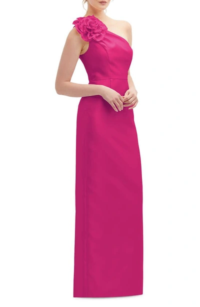 Alfred Sung Flower One-shoulder Column Gown In Think Pink