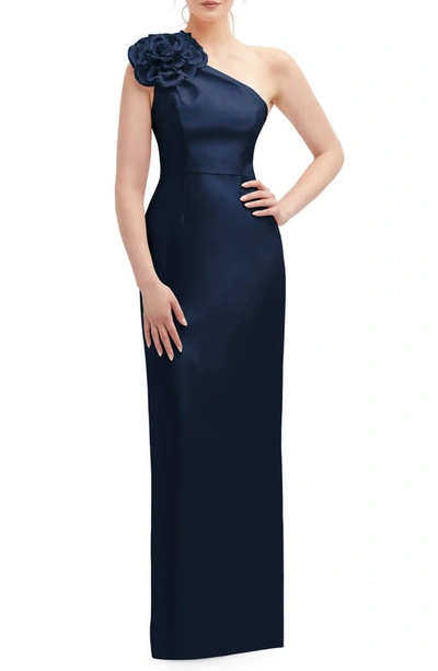 Shop Alfred Sung Flower One-shoulder Column Gown In Midnight