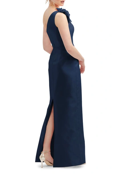 Alfred Sung Flower One-shoulder Column Gown In Midnight