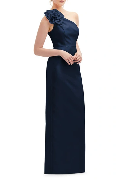 Shop Alfred Sung Flower One-shoulder Column Gown In Midnight