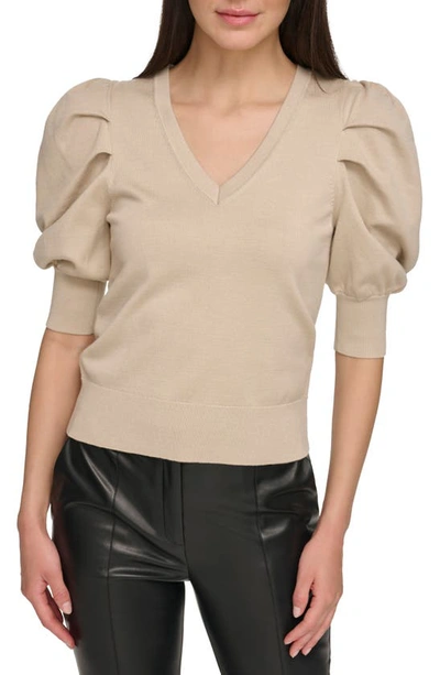 Shop Dkny Puff Sleeve V-neck Sweater In Pebble