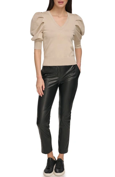 Shop Dkny Puff Sleeve V-neck Sweater In Pebble