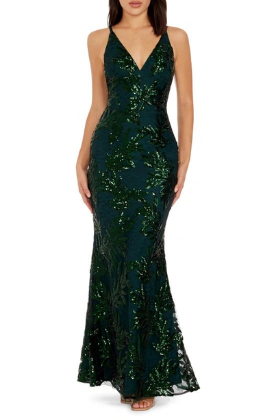 Shop Dress The Population Sharon Embellished Lace Evening Gown In Pine Multi