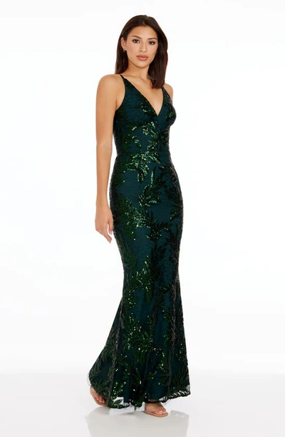Shop Dress The Population Sharon Embellished Lace Evening Gown In Pine Multi