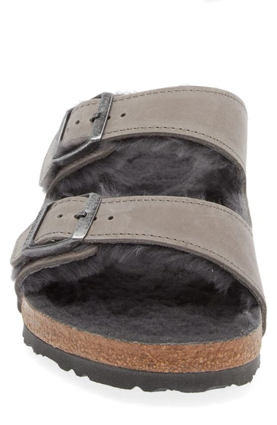 Shop Birkenstock Arizona Slide Sandal With Genuine Shearling In Iron/ Iron