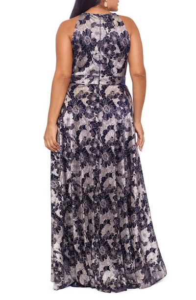 Shop Betsy & Adam Metallic Floral Gown In Navy/ Gunmetal