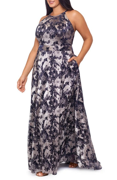 Betsy & Adam Plus Size Floral Foil Print Halter-neck Gown In Navy/ Gunmetal