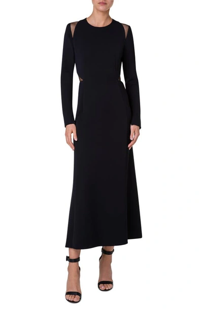 Shop Akris Cutout Detail Long Sleeve Stretch Silk Crepe Midi Dress In 009 Black