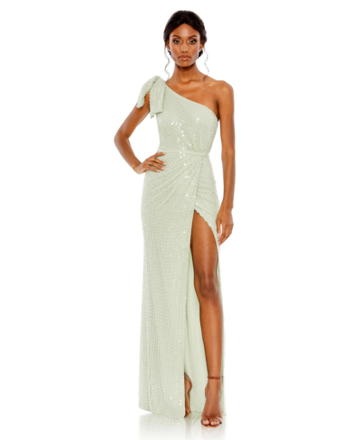 Shop Mac Duggal Women's Pearl Embellished Soft Tie One Shoulder Gown In Mint