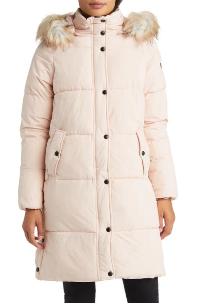 Shop Sam Edelman Hooded Puffer Coat With Faux Fur Trim In Blush