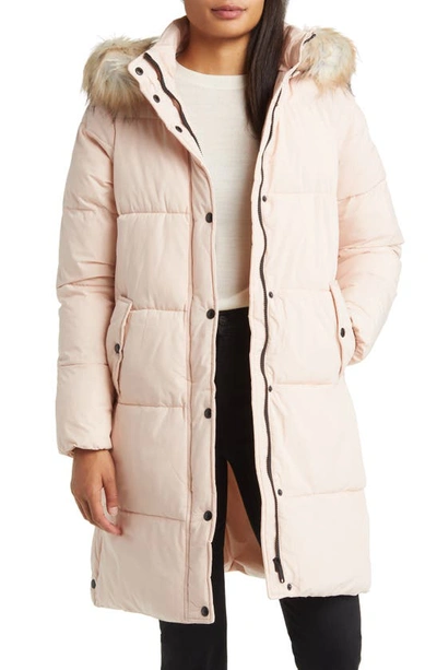 Shop Sam Edelman Hooded Puffer Coat With Faux Fur Trim In Blush