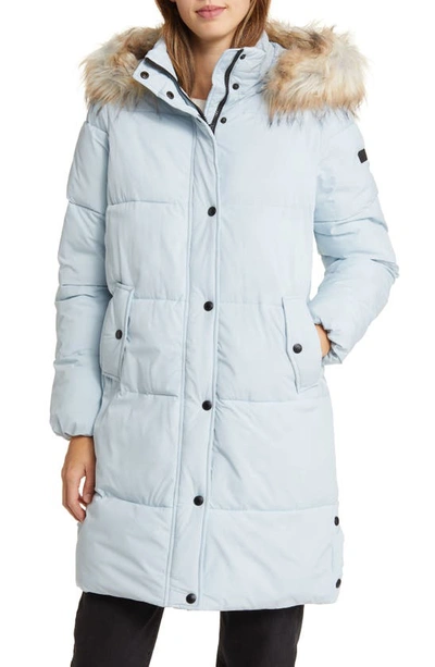 Shop Sam Edelman Hooded Puffer Coat With Faux Fur Trim In Porcelain Blue