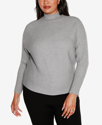 Shop Belldini Plus Size Embellished Neck Ribbed Dolman Sweater In Heather Gray