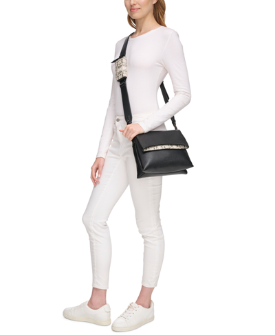 Shop Calvin Klein Chrome Adjustable Flap Crossbody With Zippered Pouch In Cherub White,black