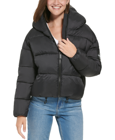 Shop Calvin Klein Jeans Est.1978 Women's Cropped Hooded Puffer Jacket In Black