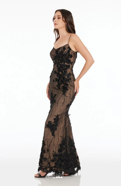 Dress The Population Giovanna Floral Sequin Mermaid Gown In Black-nude