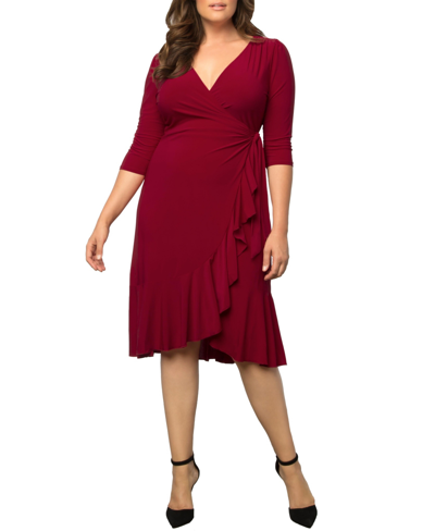 Shop Kiyonna Women's Plus Size Whimsy Ruffled Midi Wrap Dress In Burgundy
