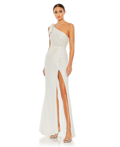 Shop Mac Duggal Women's Pearl Embellished Soft Tie One Shoulder Gown In White