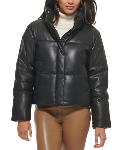 Shop Levi's Women's Faux-leather Short Puffer Jacket In Black