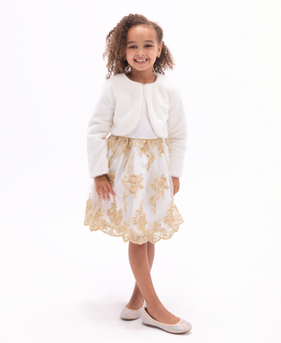 Shop Rare Editions Little Girls Embroidered Dress With Faux Fur Jacket, 2 Piece In Ivory