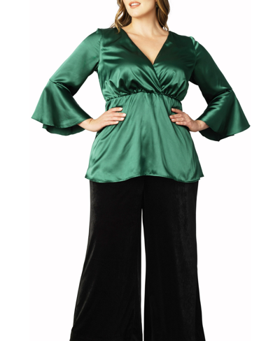 Shop Kiyonna Women's Plus Size Honey Satin Bell Sleeve Top In Emerald Green