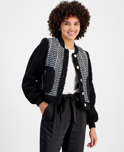 Shop Avec Les Filles Women's Mixed-media Sherpa-trim Bomber Jacket In Black,white