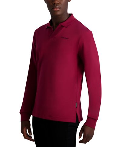 Shop Karl Lagerfeld Men's Signature Logo Long Sleeve Knit Johnny Collar Polo Shirt In Wine