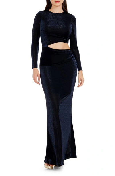 Shop Dress The Population Candace Cutout Metallic Long Sleeve Column Gown In Midnight Blue B