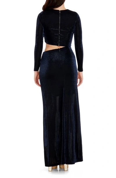 Dress The Population Candace Cutout Metallic Long Sleeve Column Gown In Midnight Blue B