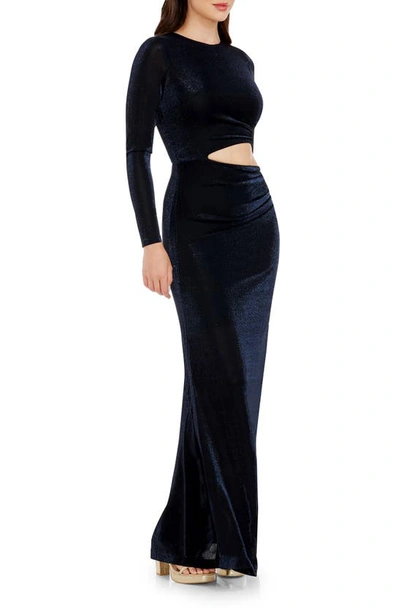 Dress The Population Candace Cutout Metallic Long Sleeve Column Gown In Midnight Blue B