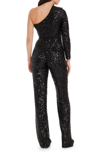 Shop Dress The Population Easton Sequin One-shoulder Jumpsuit In Jet Black