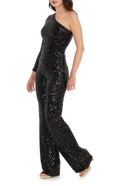 Shop Dress The Population Easton Sequin One-shoulder Jumpsuit In Jet Black