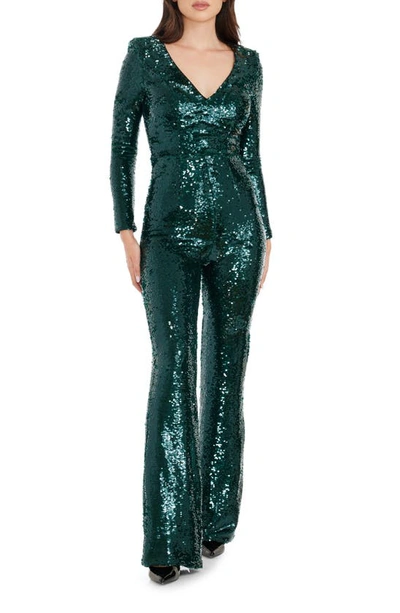 Dress The Population Carson Sequin Long Sleeve Jumpsuit In Deep Emerald