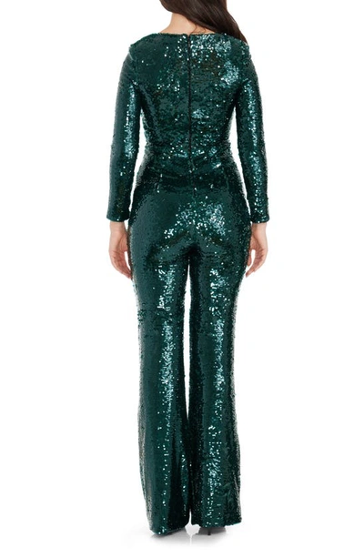 Dress The Population Carson Sequin Long Sleeve Jumpsuit In Deep Emerald