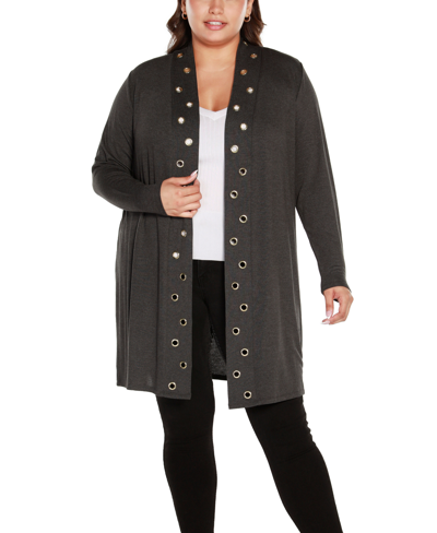 Shop Belldini Plus Size Long Sleeve Grommet Trim Cardigan Sweater In Heather Charcoal