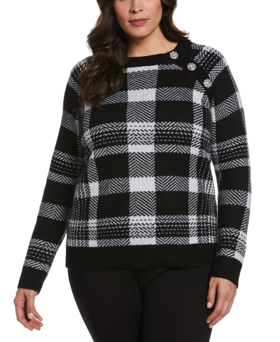 Shop Ella Rafaella Plus Size Button Trim Long Sleeve Sweater In Black