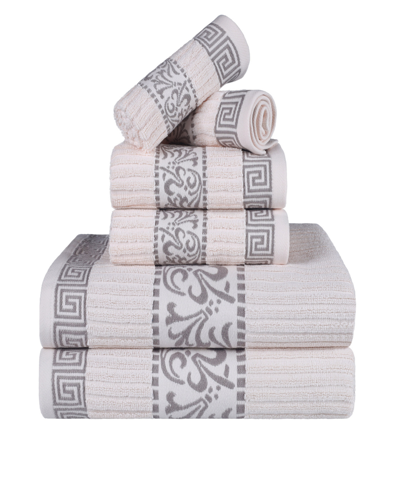 Superior Athens Cotton With Greek Scroll And Floral Pattern Assorted, 6 Piece Bath Towel Set In Ivory-gray