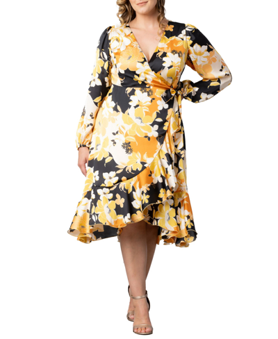 Shop Kiyonna Women's Plus Size Serena Satin Long Sleeve Wrap Dress In Sunset Blooms