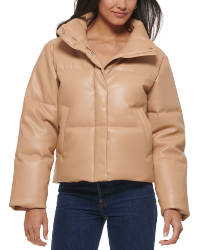 Shop Levi's Women's Faux-leather Short Puffer Jacket In Biscotti